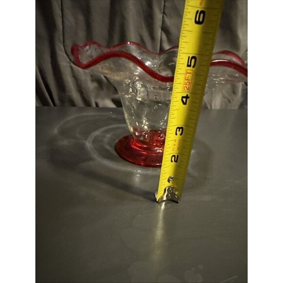 Art Glass Ruffled Compote Candy Bowl Clear Controlled Bubbles 5x8x8” Vintage Red - Picture 5 of 16